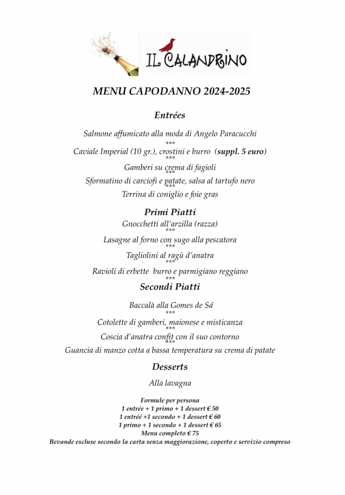 Menu Capodanno 2024/2025 a breve - RISTORANTE IL CALANDRINO